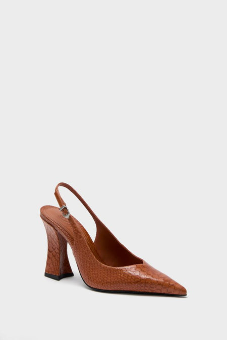 Butterscotch Michelle Slingback Heels: Classic cognac-tone pumps with a snakeskin texture, pointed toe, and flared block heel. Effortlessly high-end and fun for versatile styling.