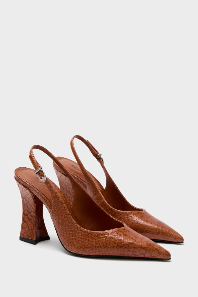 Butterscotch Michelle Slingback Heels: Classic and high-end cognac brown pumps with a subtle snakeskin texture, pointed toes, and effortless flared block heels for fun, versatile wear.