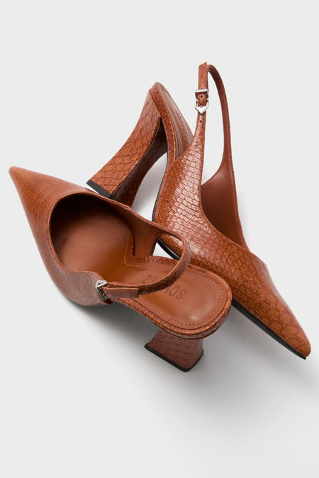 Classic Butterscotch Michelle Slingback Heels with a crocodile-embossed texture, pointed toe, and block heel, offering effortless elegance and high-end style for any occasion.