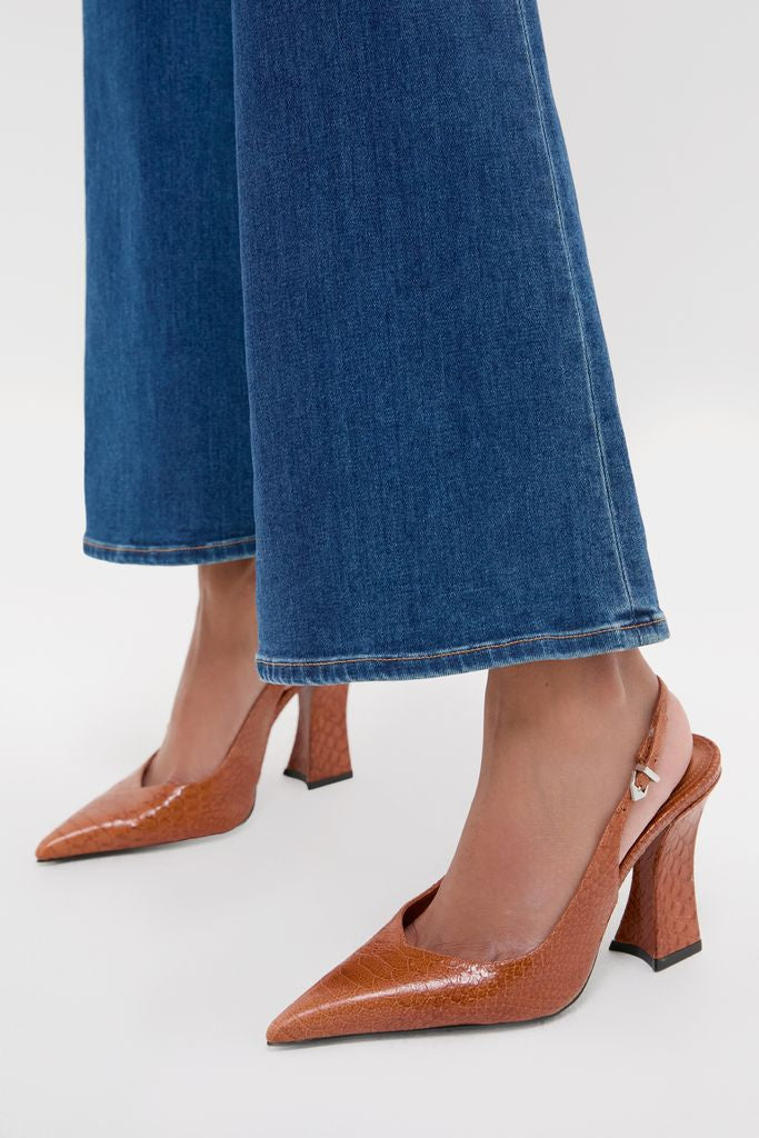 Butterscotch Michelle Slingback Heels: classic croc-embossed pumps with pointed toes, 4.3-inch block heels, and adjustable straps, perfect for an effortless, high-end look.