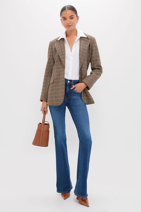 Woman wearing classic Butterscotch Michelle Slingback Heels, styled with an effortless blazer, jeans, and bucket bag. Fun, high-end look perfect for versatile elegance.
