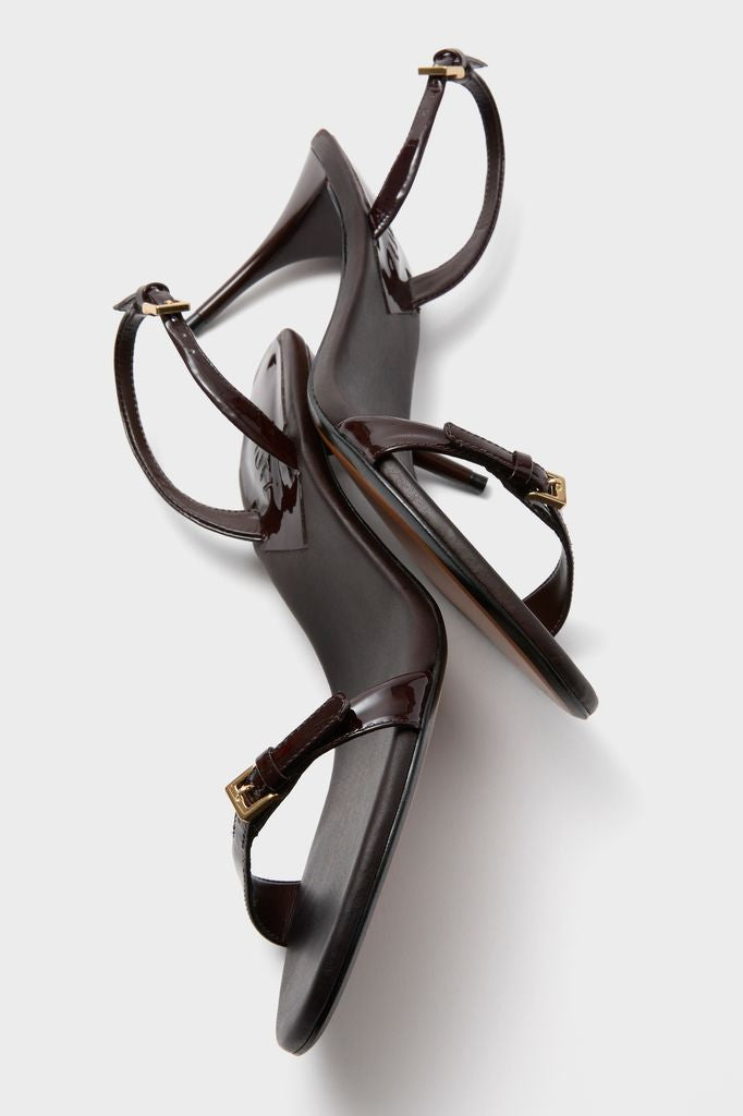 Maplewood Aurora Sling Mid Heels: Classic sling-back sandals with glossy leather, round toe, and gold-tone buckle, offering effortless elegance and high-end style.