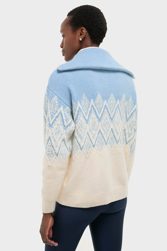 Ashley Blue Hedda Fairisle Half Zip: Classic, effortless pullover sweater with zigzag motif, wide collar, and luxurious texture. Perfect for a fun, high-end winter look.