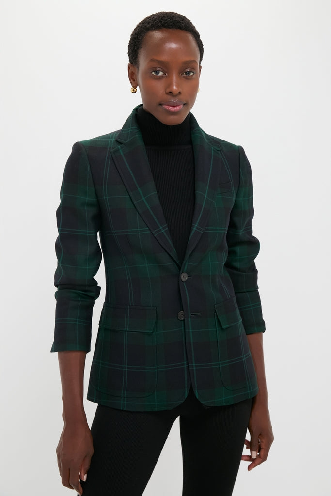 Ralph Lauren Women's Single-breasted Plaid Wool Blazer - Size 4 in Green Navy Multi Ralph Lauren Women's Single-breasted Plaid Wool Blazer - Size 4 in Green Navy Multi