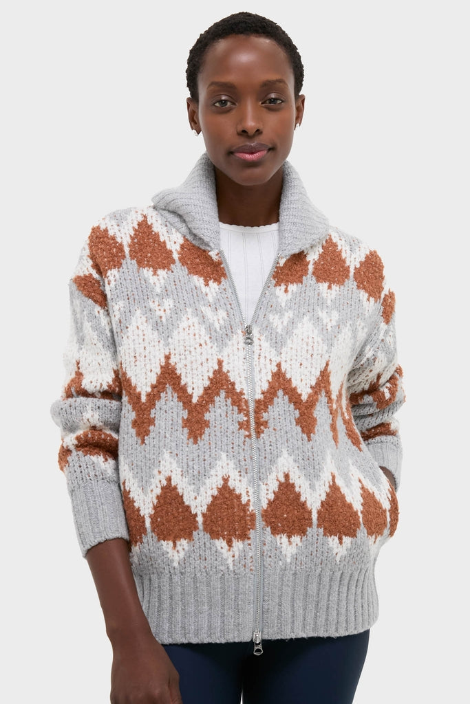 Grey Melange Brockley Jacquard Knit Jacket on a dark-skinned woman, showcasing its classic geometric pattern and effortless style, embodying Tuckernuck's high-end, fun fashion ethos.