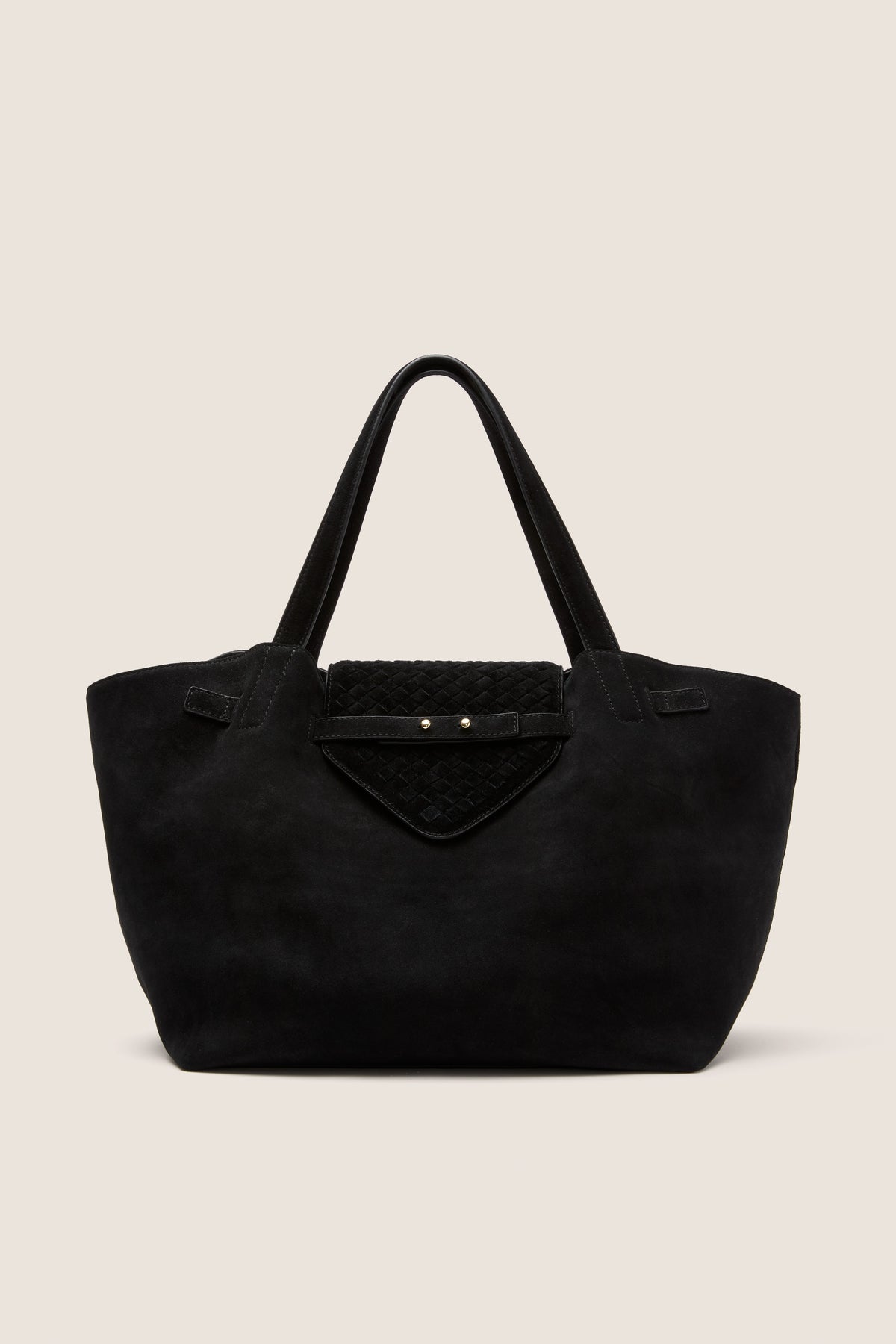 Black Suede Blaine Tote with broad shoulder straps, quilted flap pocket, and gold-tone studs; a classic, high-end work bag blending effortless style with practical design.