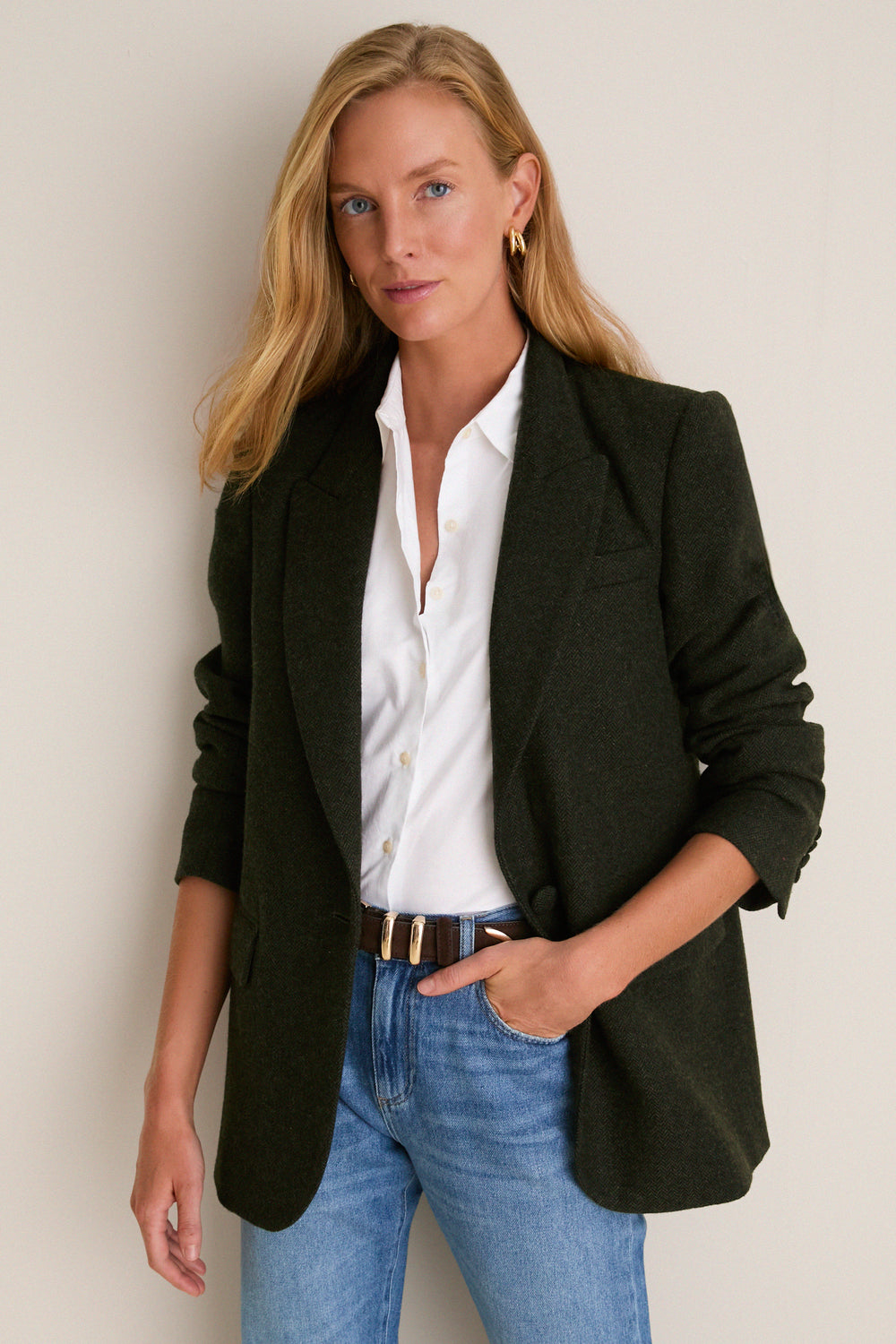 Hunter Green Tweed Herringbone Leo Blazer