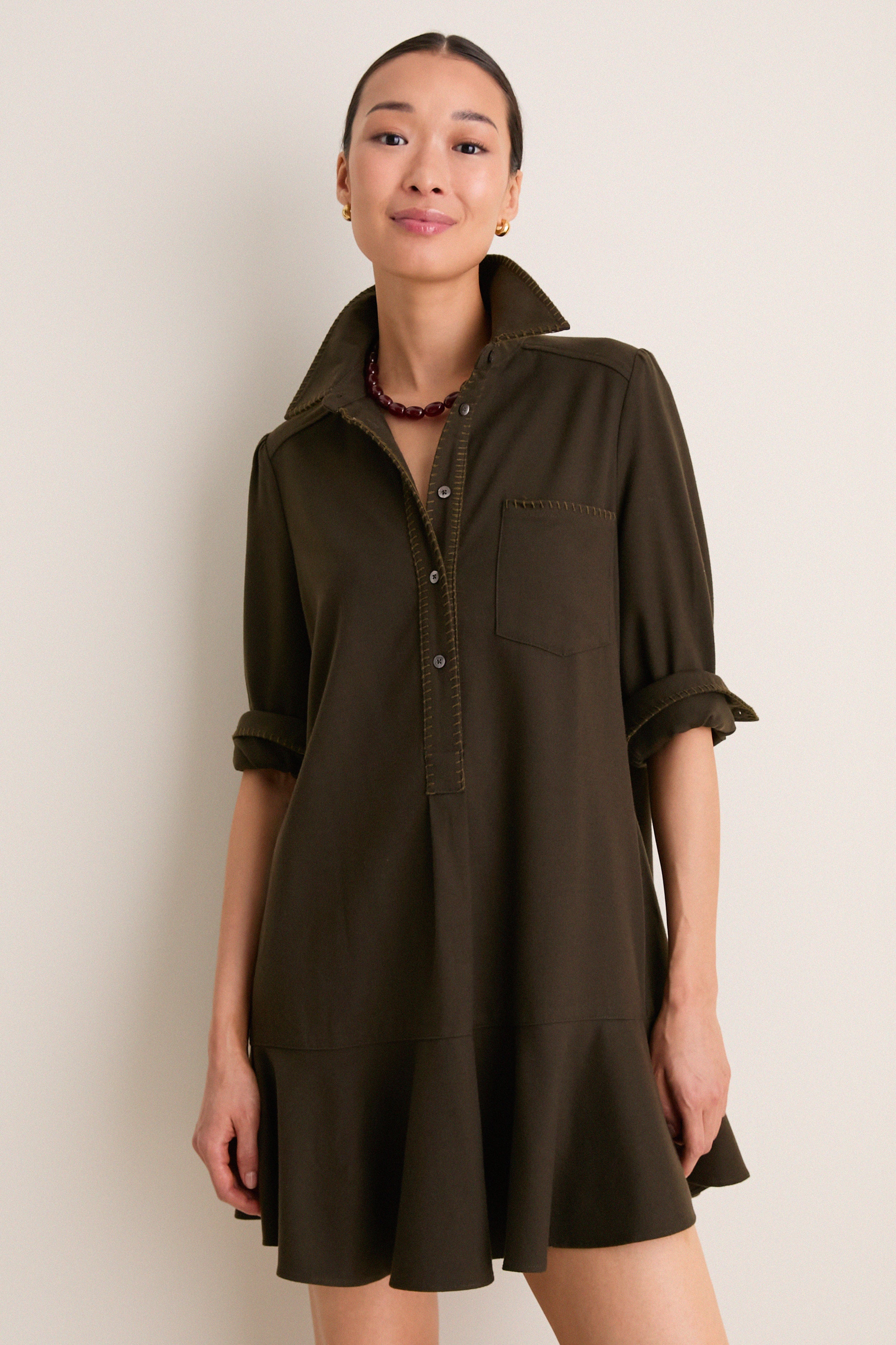 Dark Olive Whipstitch Brushed Wool Callahan Shirt Dress