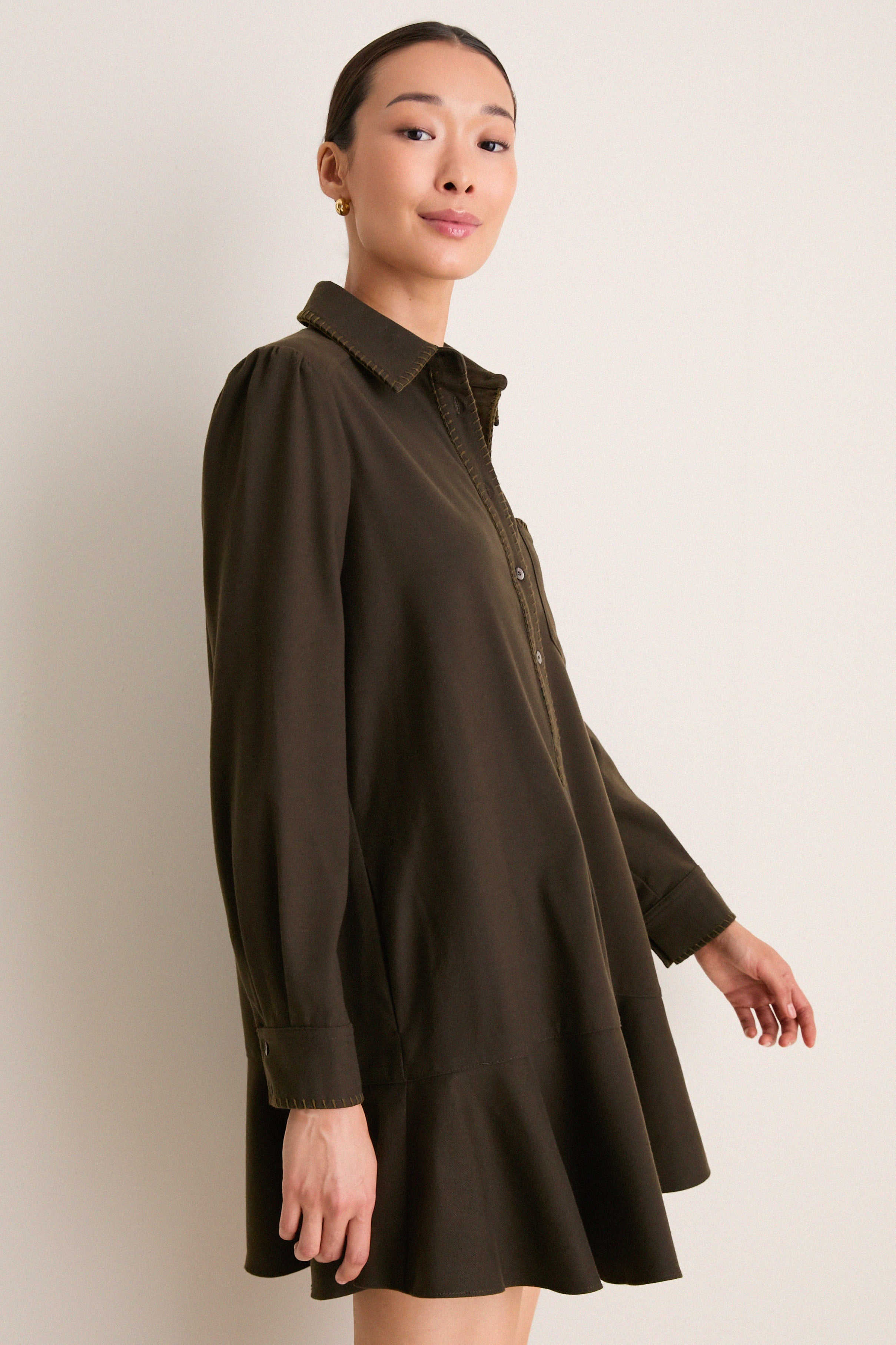Dark Olive Whipstitch Brushed Wool Callahan Shirt Dress
