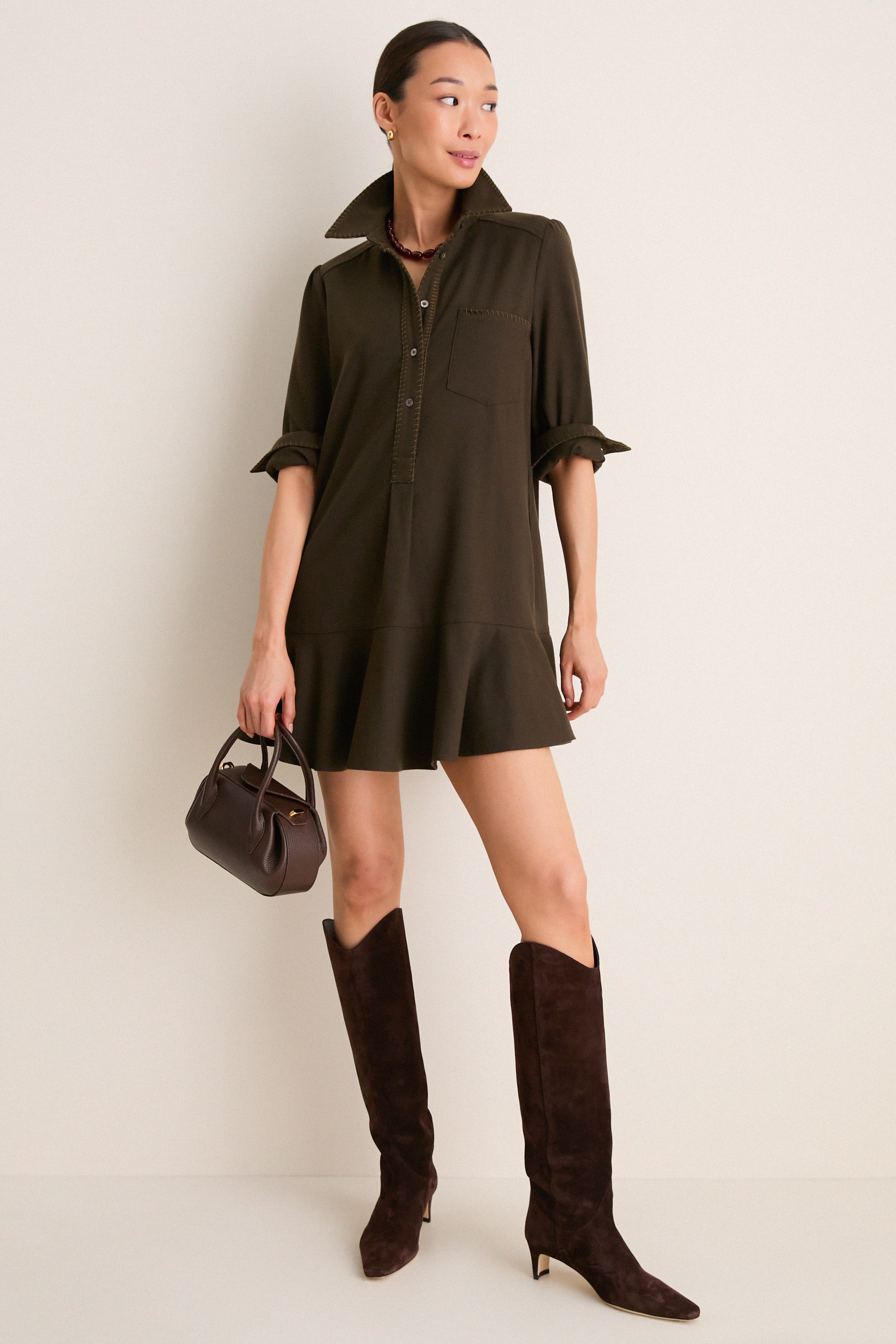 Dark Olive Whipstitch Brushed Wool Callahan Shirt Dress