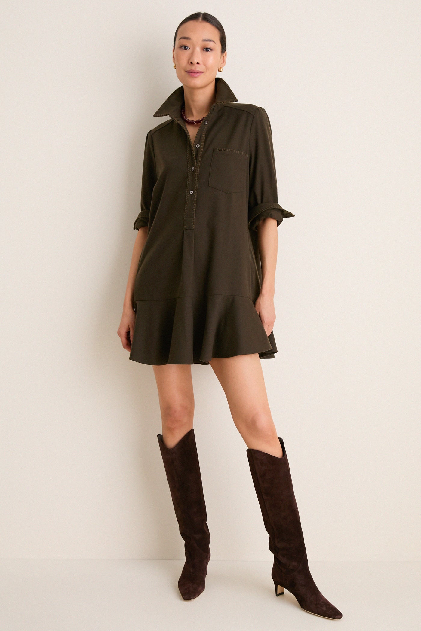 Dark Olive Whipstitch Brushed Wool Callahan Shirt Dress