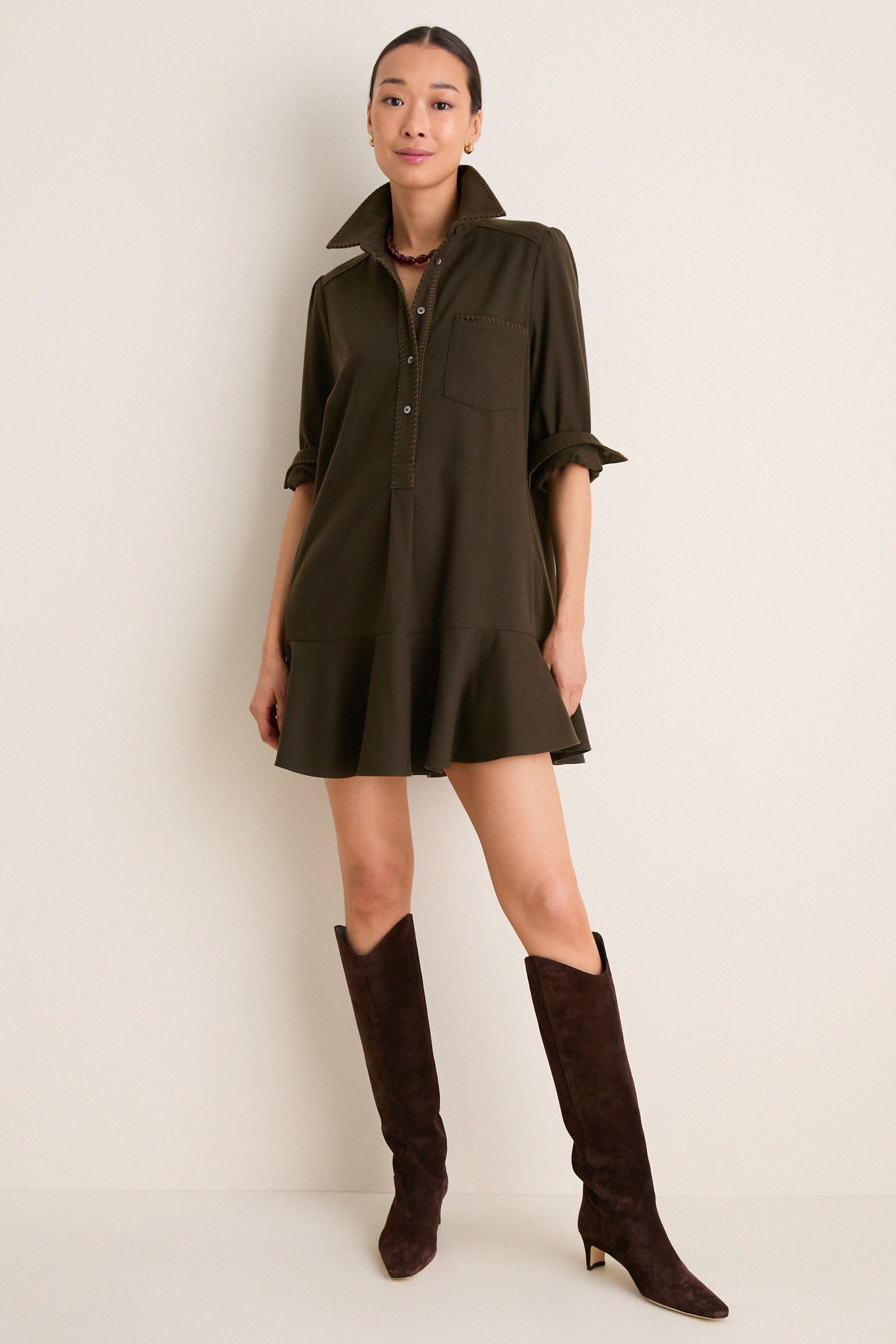 Dark Olive Whipstitch Brushed Wool Callahan Shirt Dress