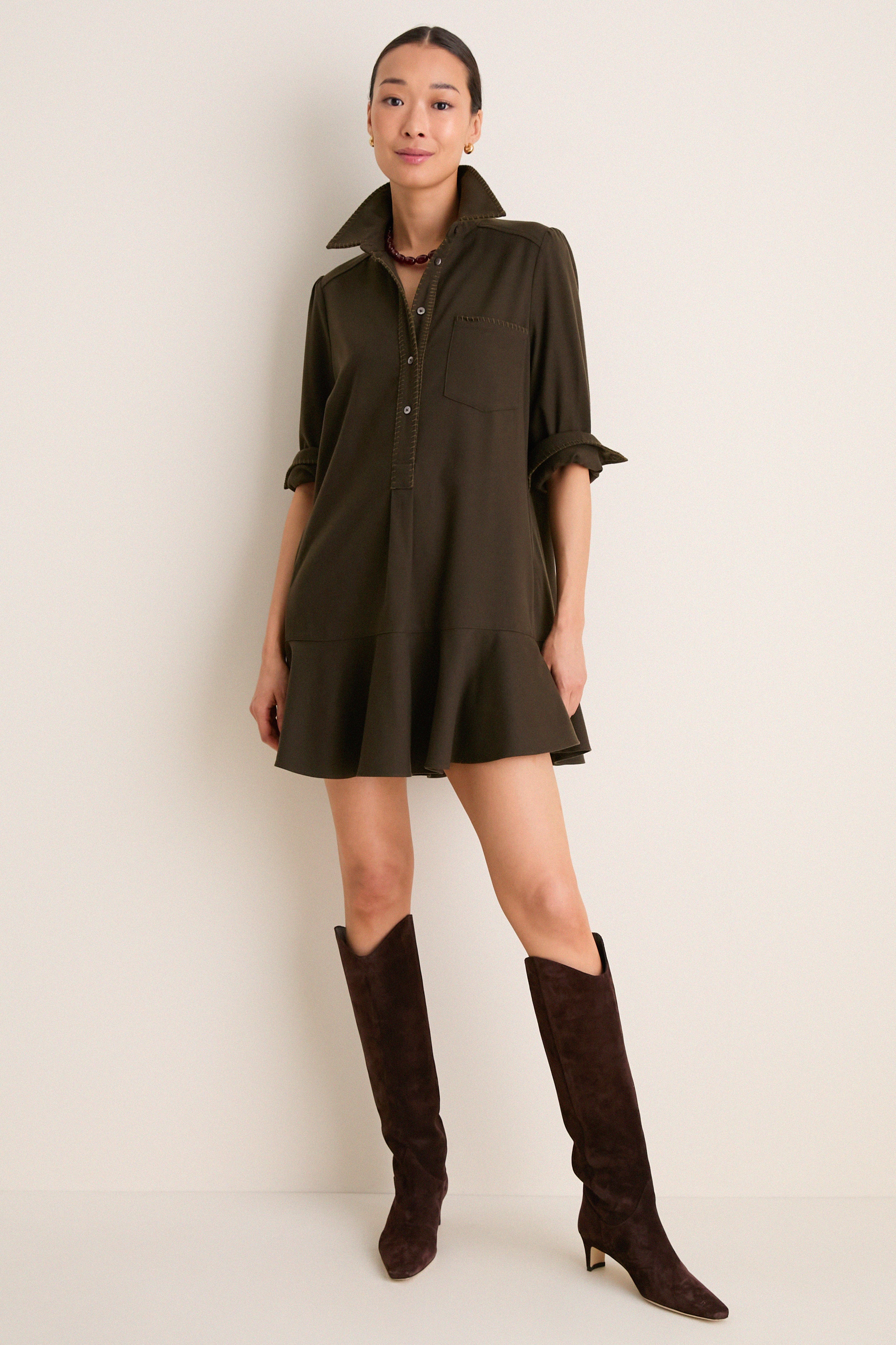 Dark Olive Whipstitch Brushed Wool Callahan Shirt Dress