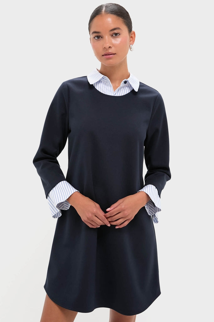 Navy Knit Long Sleeve Burbank Mini Dress with classic layered effect, featuring a collared neckline, self-tie, and flared cuffs. Effortless, high-end style for fun, confident wear.