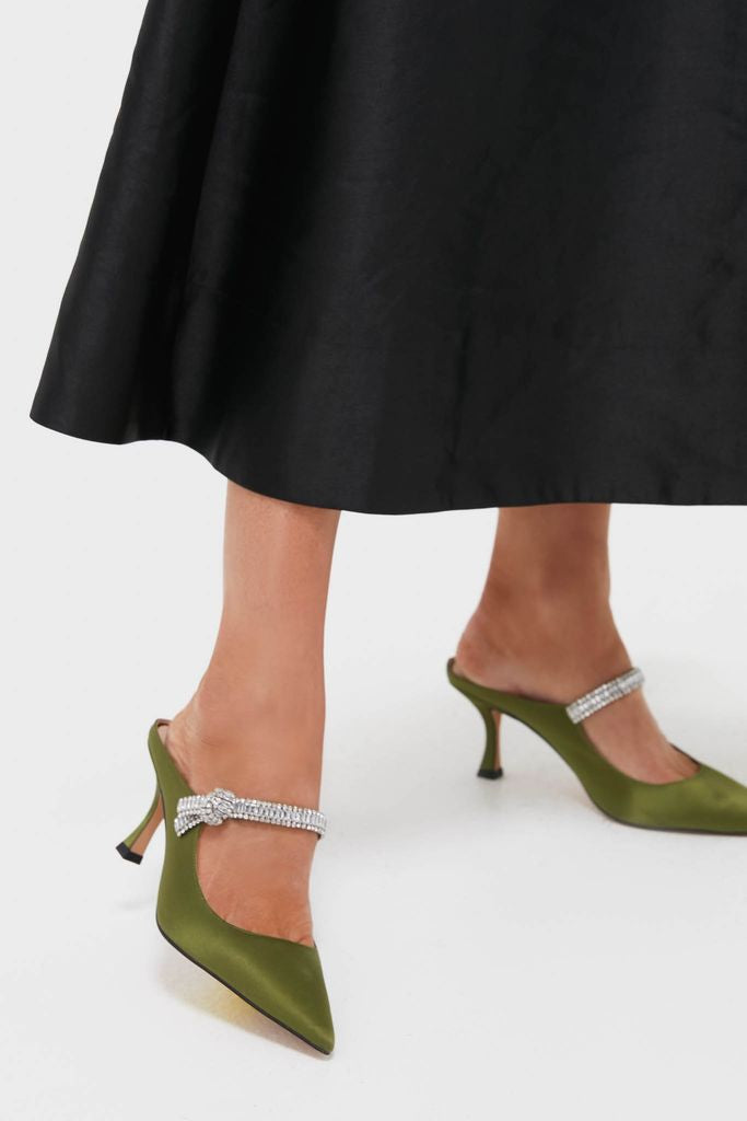 Fern Satin Mae Heels: Classic, high-end slingback mules with an effortless mule silhouette, featuring a crystal-encrusted strap and slim stiletto heel, perfect for fun occasions.