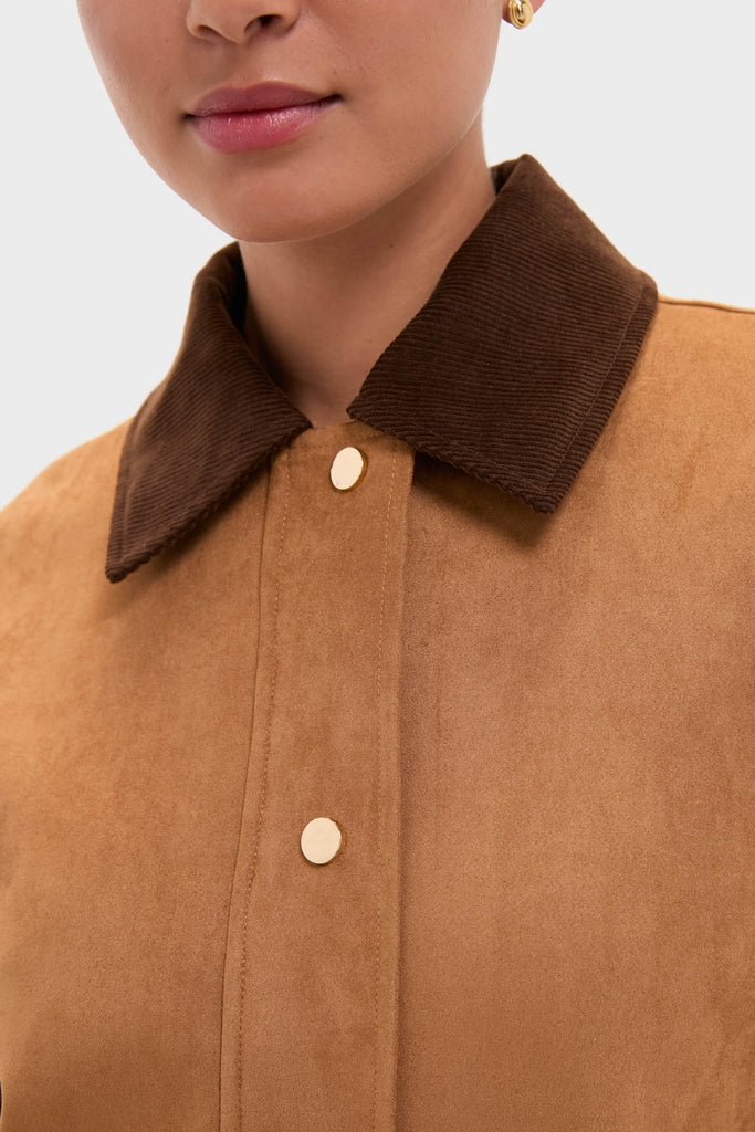 Chestnut Faux Suede Cody Jacket features a classic light brown design with a dark brown corduroy collar, gold snap buttons, and an effortless, high-end style.