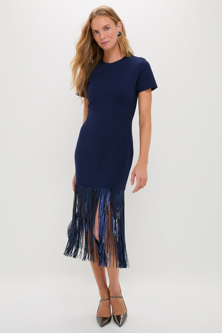 Model wearing the Navy Sequin Fringe Stevie Midi Dress, a classic and high-end sheath with an effortless fit, featuring fun long fringe detailing and paired with pointed-toe heels.