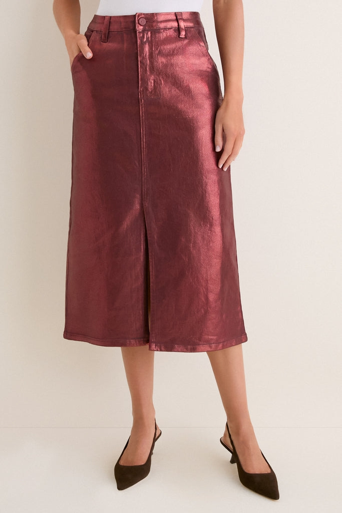 Maroon Shimmer Denim Astor Midi Skirt
