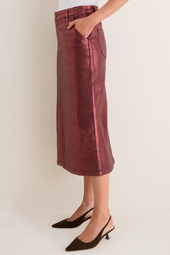 Maroon Shimmer Denim Astor Midi Skirt