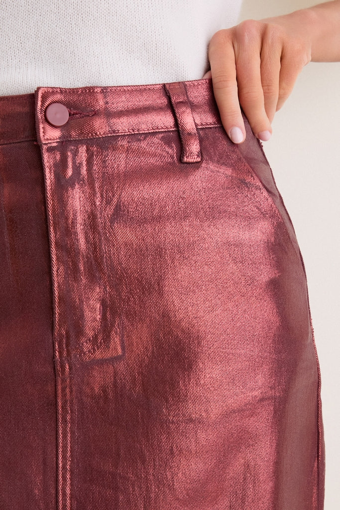Maroon Shimmer Denim Astor Midi Skirt