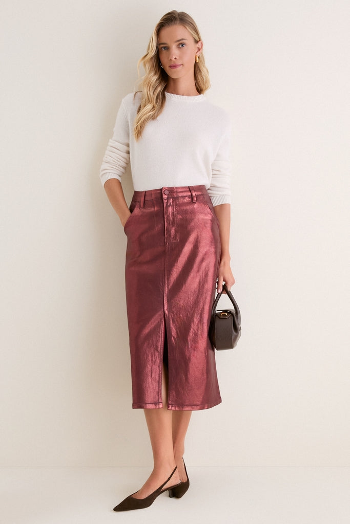 Maroon Shimmer Denim Astor Midi Skirt