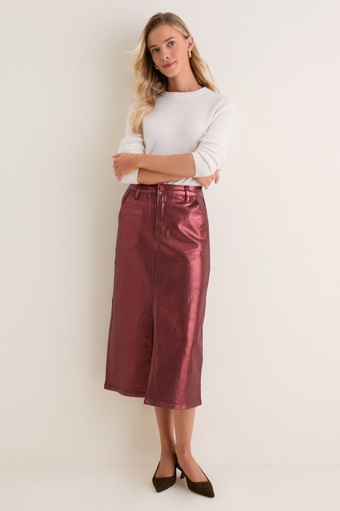 Maroon Shimmer Denim Astor Midi Skirt