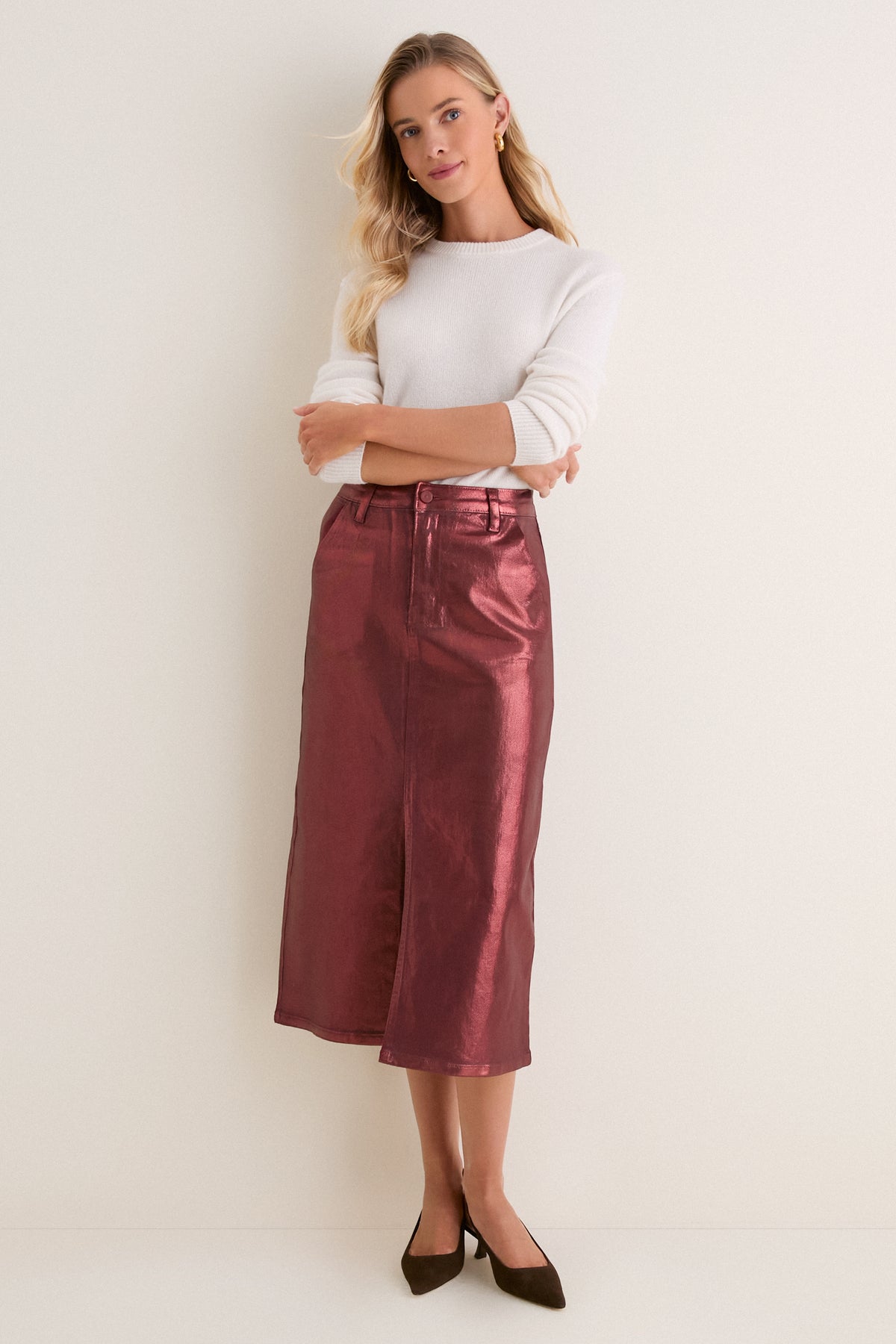 Maroon Shimmer Denim Astor Midi Skirt