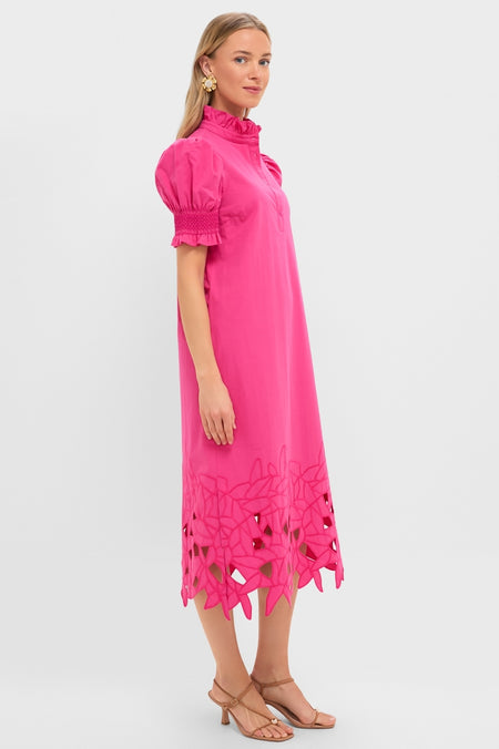 Hot Pink Embroidery Eliza Midi Dress