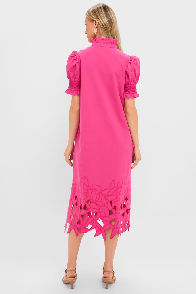 Hot Pink Embroidery Eliza Midi Dress
