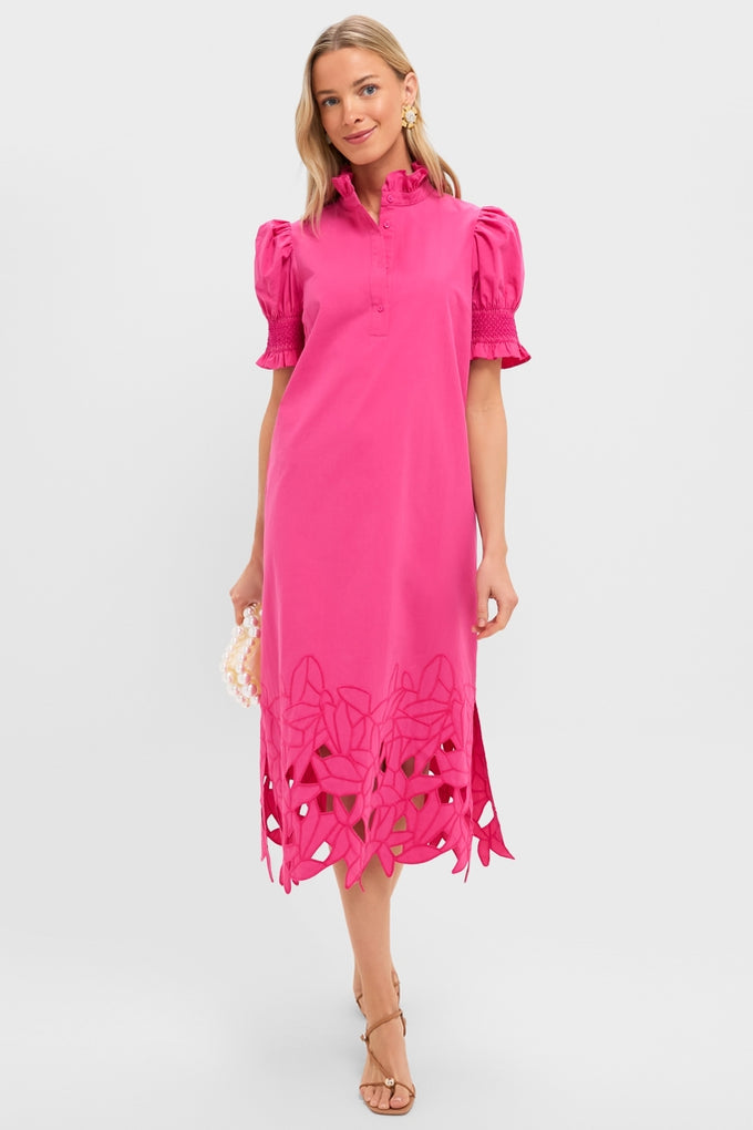 Hot Pink Embroidery Eliza Midi Dress