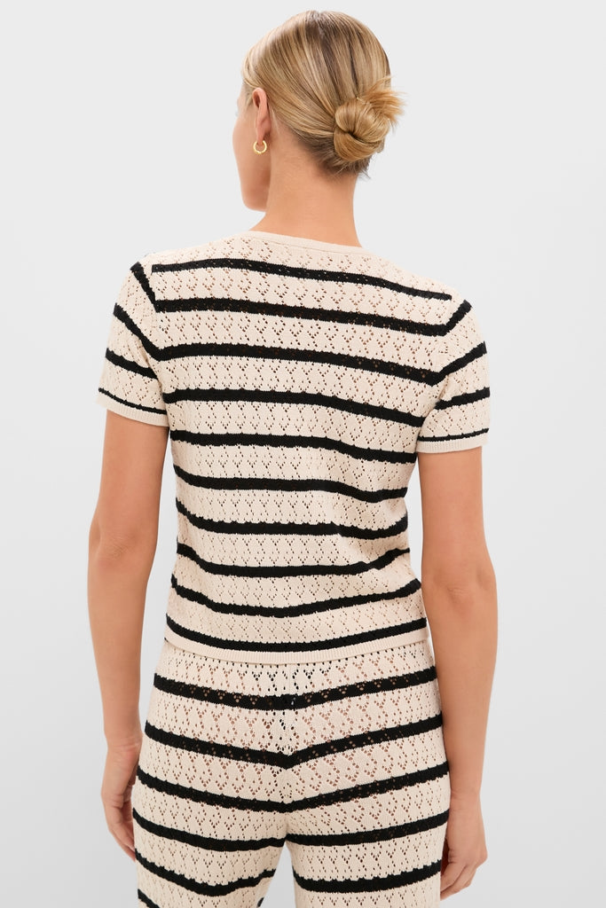 Back view of the Black & Tan Stripe Portimao Top, showcasing its classic, effortless knit design with short sleeves and center-front bows, epitomizing high-end, fun travel style.