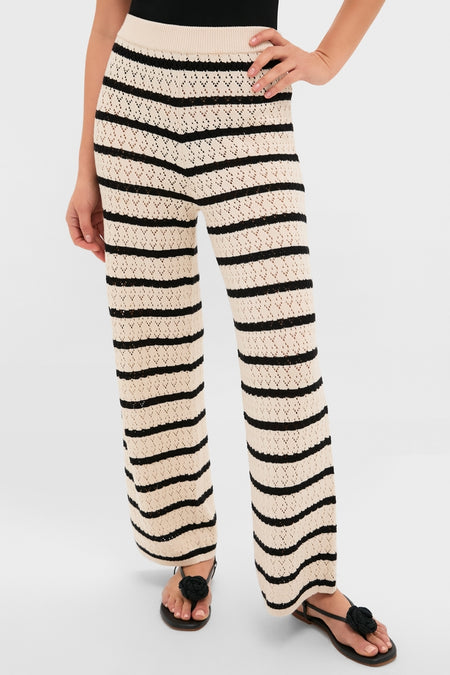 Black & Tan Stripe Portimao Pants: Classic, effortless wide-leg crochet pants with ribbed waistband and flared silhouette, perfect for high-end, fun coastal chic style.