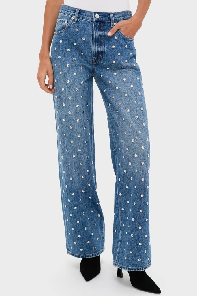 Charmed Hendrix High Rise Baggy jeans feature a classic five-pocket design with effortless sparkle from silver-white studs, paired with high-end, black heeled ankle boots.