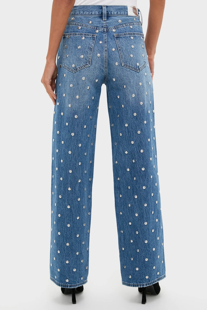 The Charmed Hendrix High Rise Baggy jeans feature a classic, effortless look with high-waisted, wide-leg design, adorned with fun, high-end silver-tone studs.