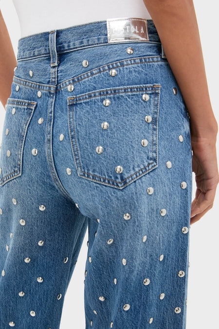 Model in classic Charmed Hendrix High Rise Baggy jeans with effortless silver studded detailing, showcasing a fun, high-end, relaxed fit and baggy leg.