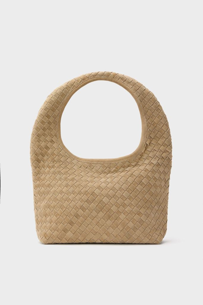 Stone Maylie Hobo: A classic, high-end camel-tan woven handbag with a rounded top handle and soft hobo silhouette, offering effortless style for fun, daily adventures.