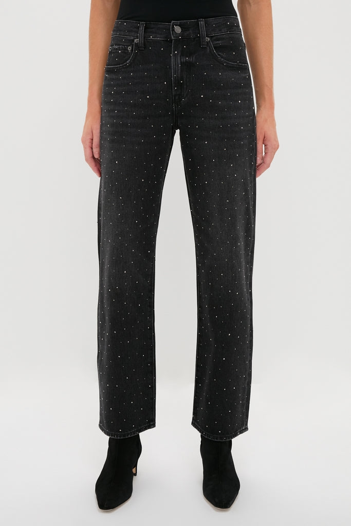 Silver Screen Lexi Bowed Straight jeans with micro rhinestones, mid-rise, and straight-leg design, paired with black heeled ankle boots for an effortless, high-end look.