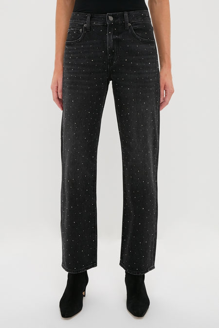 Silver Screen Lexi Bowed Straight jeans with micro rhinestones, mid-rise, and straight-leg design, paired with black heeled ankle boots for an effortless, high-end look.