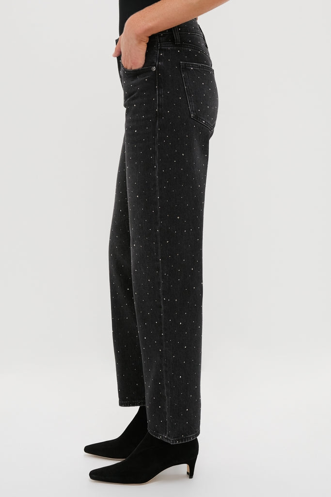 Silver Screen Lexi Bowed Straight jeans with micro rhinestones, offering a classic, effortless style. Features high-waisted design, bowed straight leg, and paired with pointed-toe ankle boots.