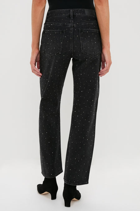 Model wearing Silver Screen Lexi Bowed Straight jeans with subtle rhinestones, classic mid-rise, and effortless straight-leg fit, paired with black suede ankle boots.