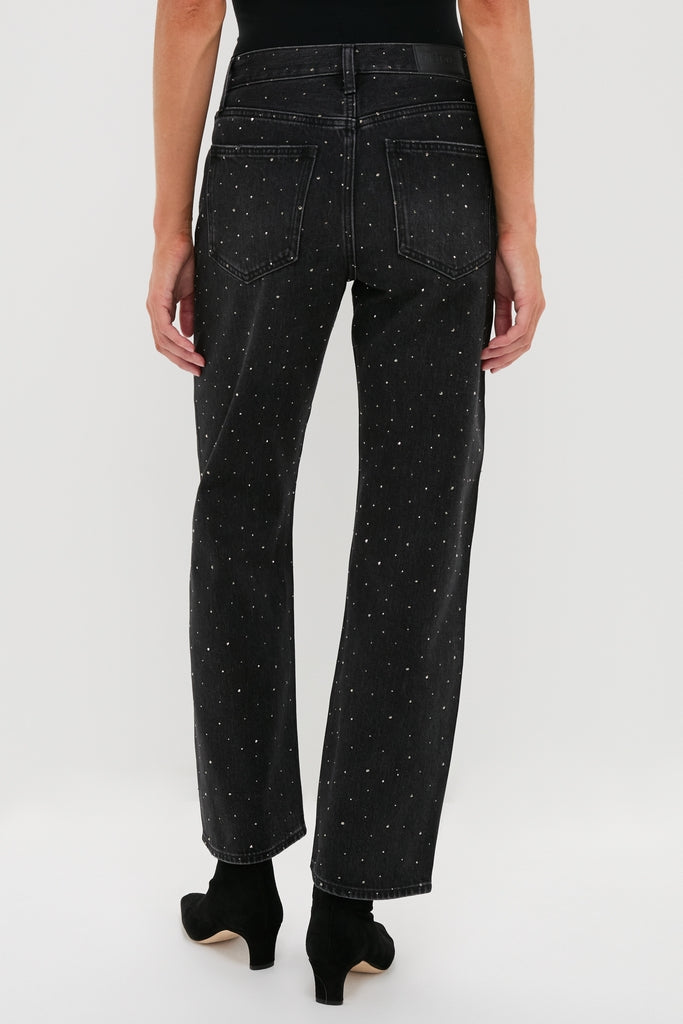 Model wearing Silver Screen Lexi Bowed Straight jeans with subtle rhinestones, classic mid-rise, and effortless straight-leg fit, paired with black suede ankle boots.