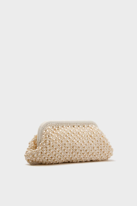 White Perola Clutch, a classic, high-end evening bag with pearl-like beads, offers an effortless and fun way to carry essentials on special occasions.