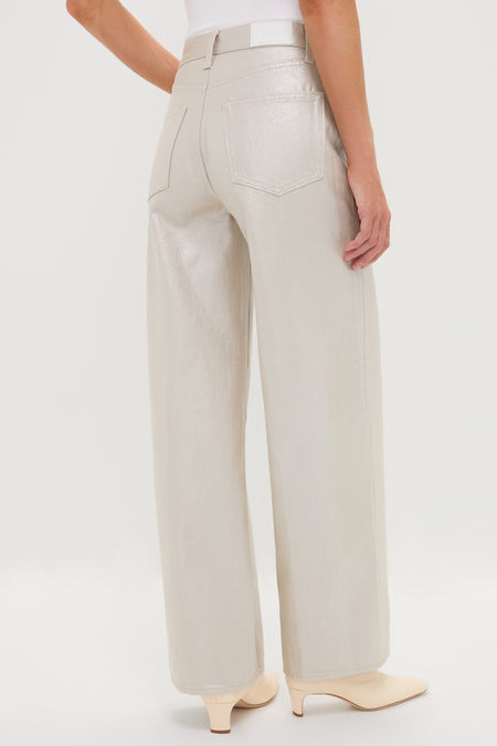 Champagne Luster Tate High Rise Bowed Wide Leg jeans in light-beige, with a classic, effortless silhouette, featuring a high waist and pearly sheen for a fun, high-end look.
