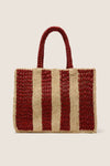 Natural and Rust Serena Large Striped Tote, a classic, high-end woven bag with effortless winged silhouette and braided red handles, perfect for fun, versatile outings.
