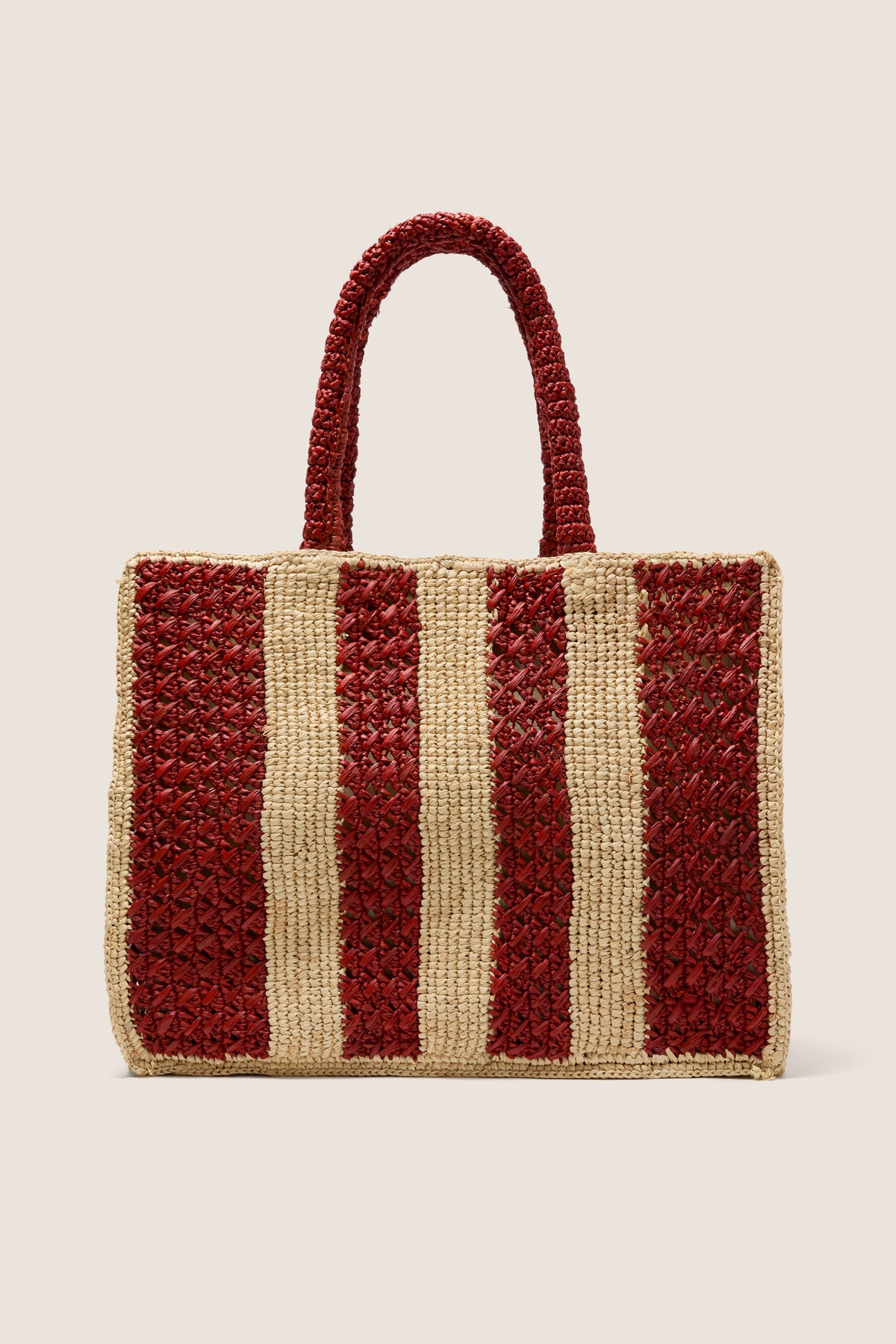 Natural and Rust Serena Large Striped Tote, a classic, high-end woven bag with effortless winged silhouette and braided red handles, perfect for fun, versatile outings.