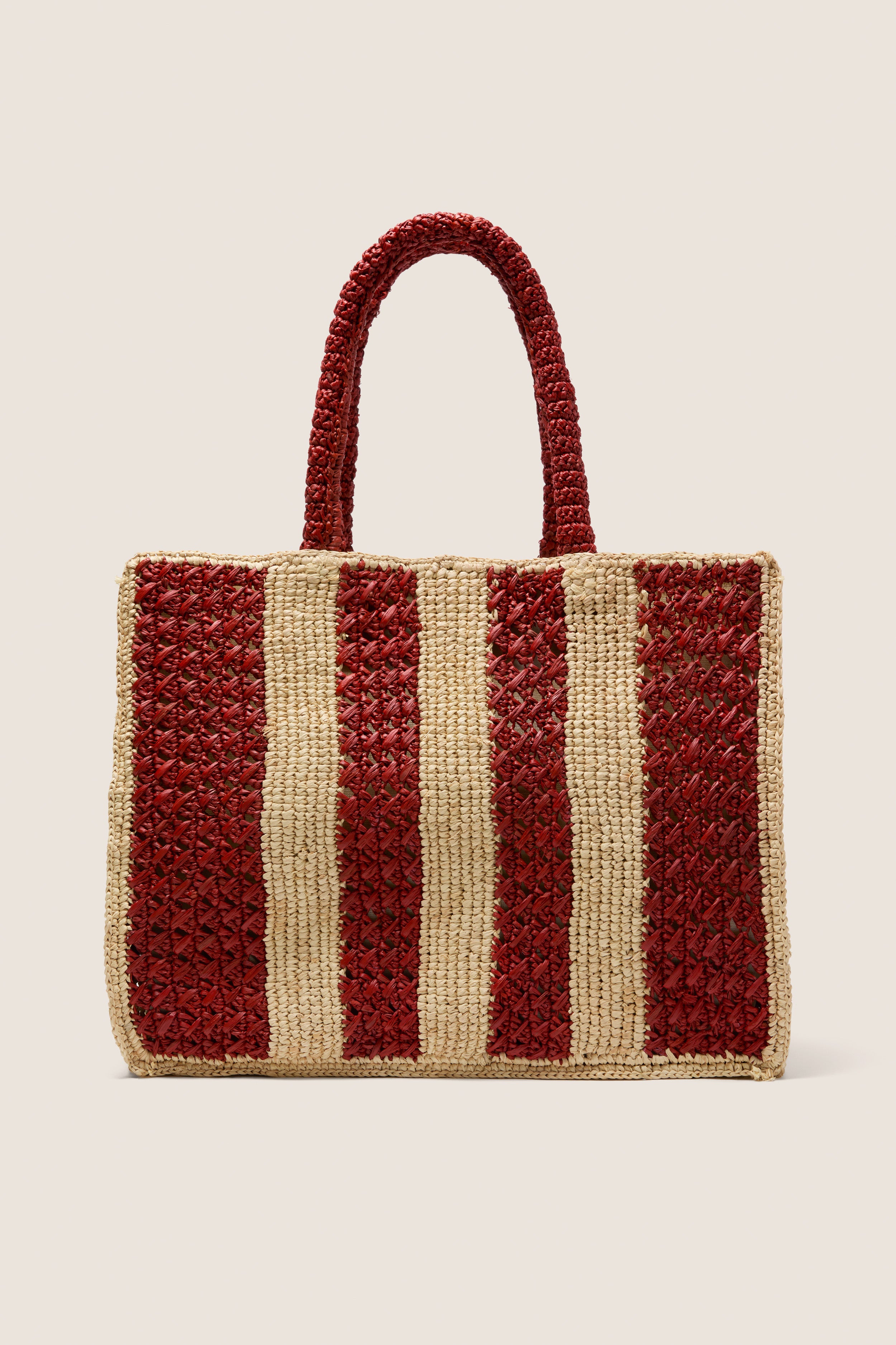Natural and Rust Serena Large Striped Tote, a classic, high-end woven bag with effortless winged silhouette and braided red handles, perfect for fun, versatile outings.