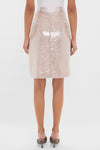 Champagne Sequin Clayton Midi Skirt in a classic pencil silhouette, featuring a grosgrain waistband and sequin detailing, styled effortlessly with a sleeveless top and heels.