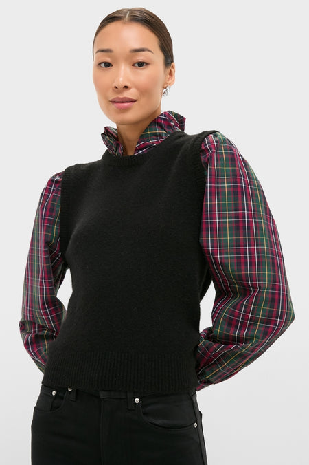 Tartan Ella Sweater Blouse: A classic, effortless holiday top featuring a black knit vest over a plaid blouse, perfect for a fun, high-end look.