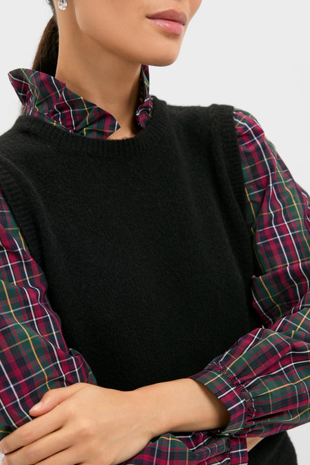 Tartan Ella Sweater Blouse: A classic, high-end sleeveless knit layered over a plaid blouse, offering an effortless, fun style perfect for festive occasions.