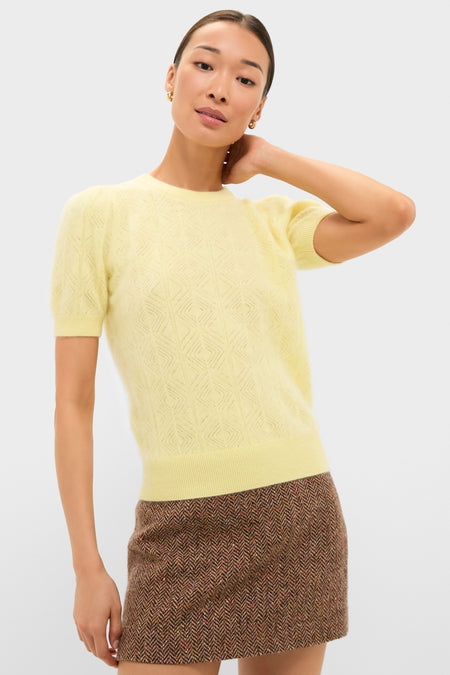 Lemongrass Brushed Merino Wool Puff Sleeve Lexie Sweater features classic puff sleeves and diamond knit, offering an effortless, high-end style for fun and versatile wear.